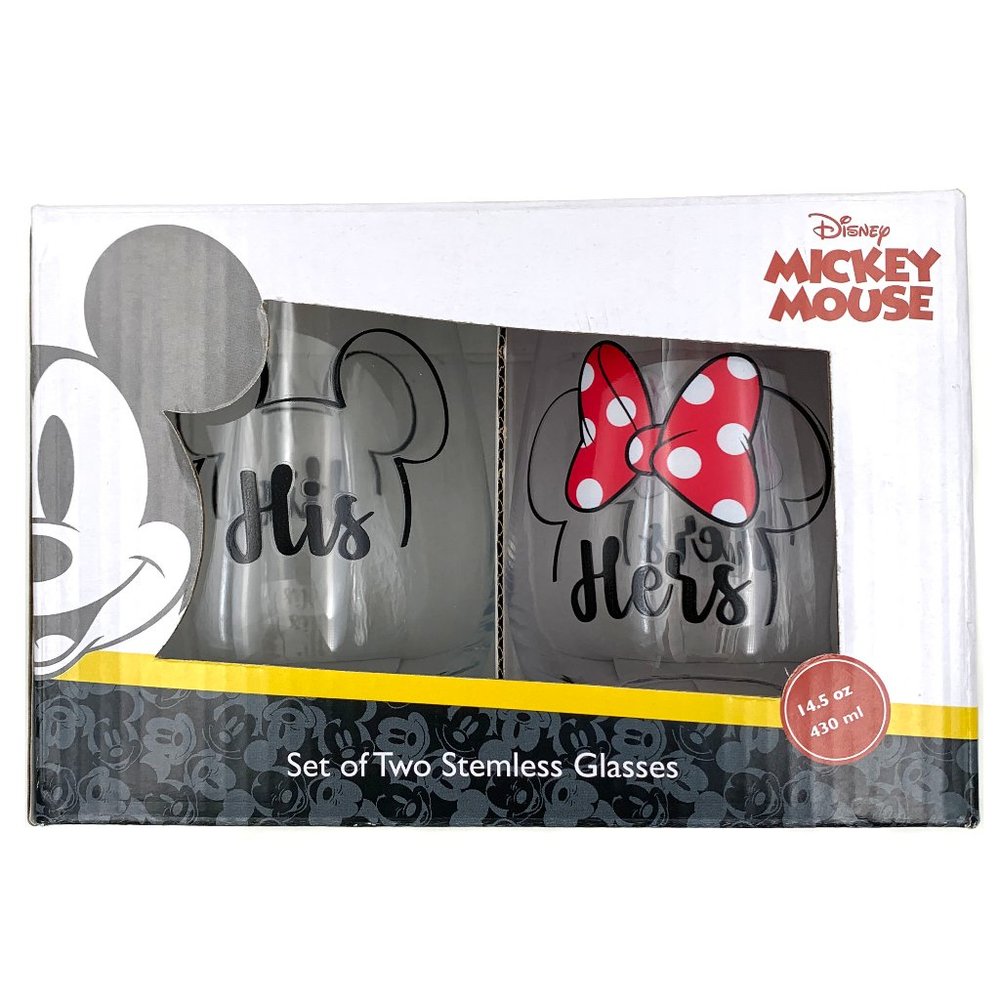 Disney Mickey Mouse Minnie Mouse His & Hers Stemless Glasses NEW NIB